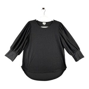 Ava James Clip Dot 3/4 Sleeve High Low Blouse Womens‎ X-Large Dotted Swiss Black